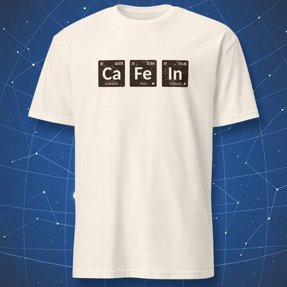 science and coffee lover T-shirt on beige natural fabric showing caffeine spelled using element symbols