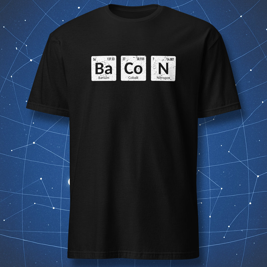 funny chemistry T-shirt on black fabric showing periodic table symbols for Ba, Co, and N forming the word bacon