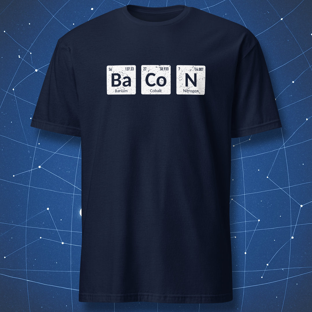 clever science T-shirt on navy fabric showing BaCoN written with element tiles from the periodic table