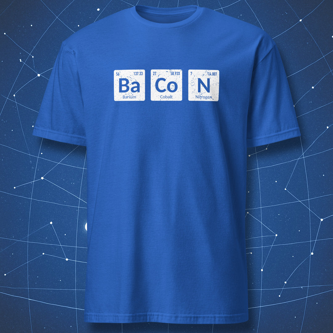funny geek T-shirt on royal blue fabric featuring bacon spelled using chemistry elements