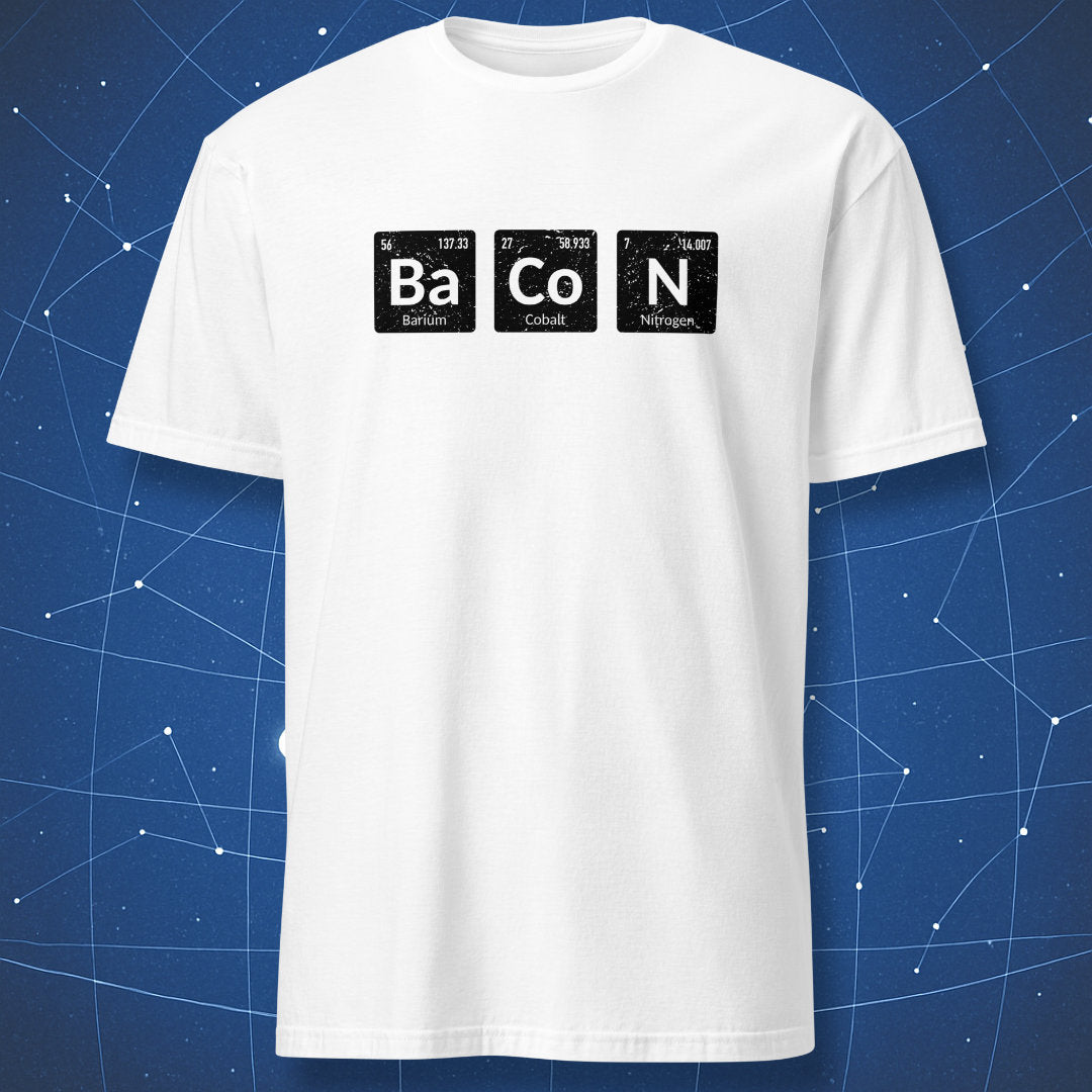 science pun T-shirt on white background with periodic table elements spelling bacon for chemistry humor lovers