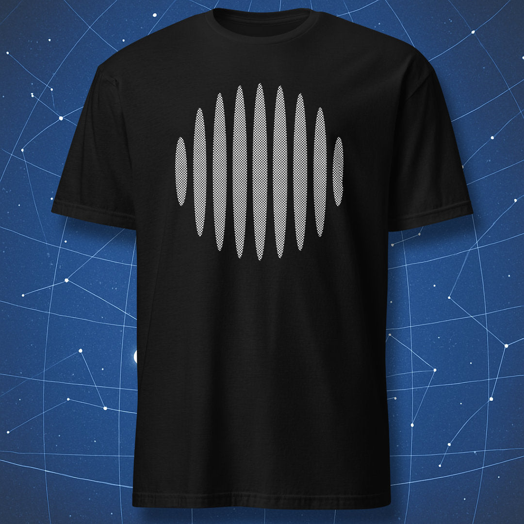 minimalist physics T-shirt on black fabric showing double slit interference wave pattern in white dots
