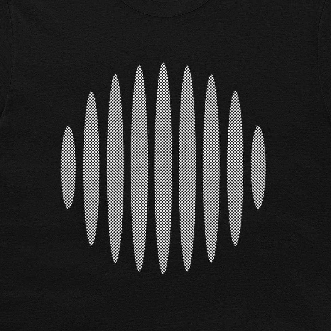 A black t-shirt featuring a white halftone soundwave graphic on the chest, displayed against a solid black background.