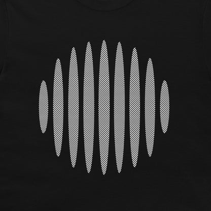 A black t-shirt featuring a white halftone soundwave graphic on the chest, displayed against a solid black background.