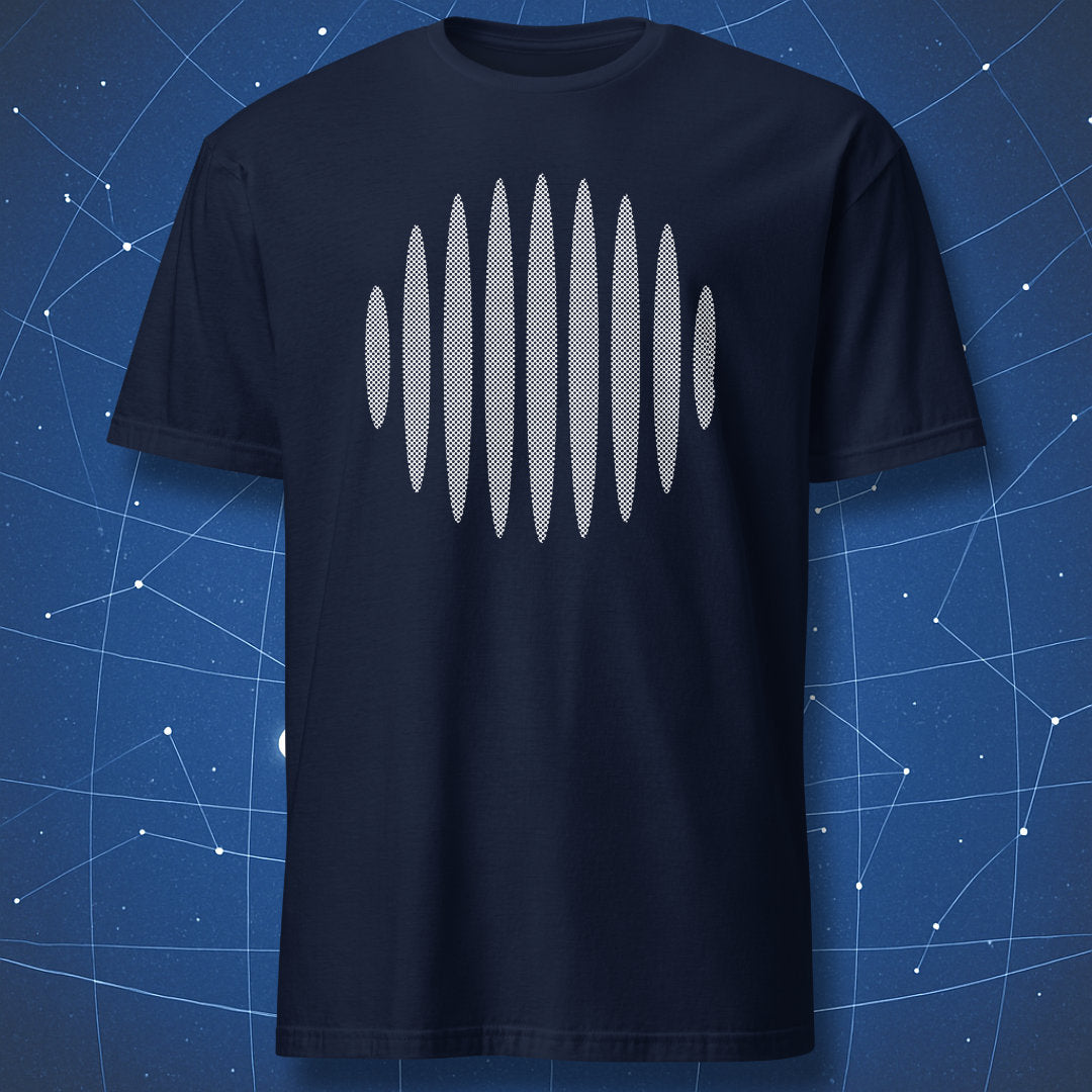 modern physics shirt on navy fabric featuring a subtle white interference wave design inspired by double slit experiment