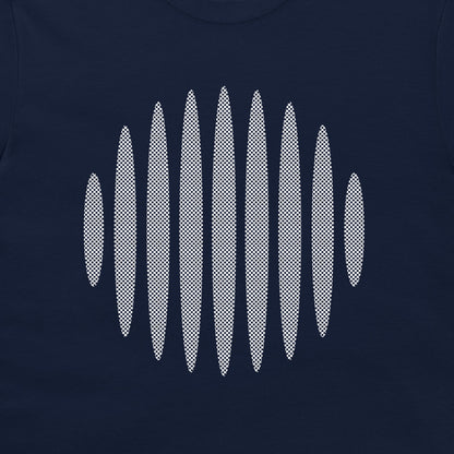 A close-up of a navy blue garment, likely a t-shirt, featuring a graphic print of eight vertical surfboards arranged in a wavy, soundwave-like pattern in a white and black halftone dot design.