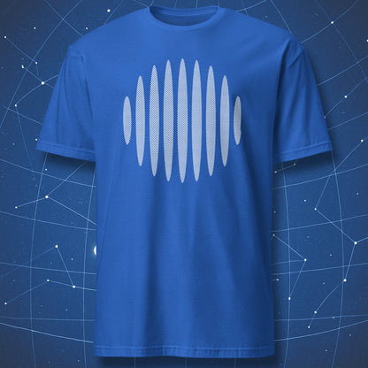 scientific graphic T-shirt on royal blue fabric showing white interference wave pattern, minimalist quantum design