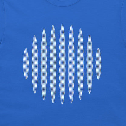 A close-up of a royal blue garment, likely a t-shirt, featuring a white halftone oval graphic pattern across the chest.