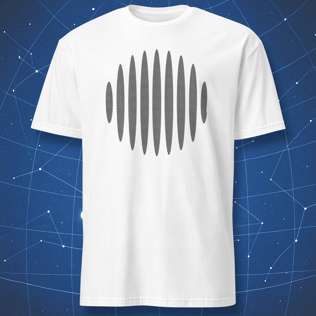 clean science T-shirt on white background with central interference pattern representing quantum wave behavior