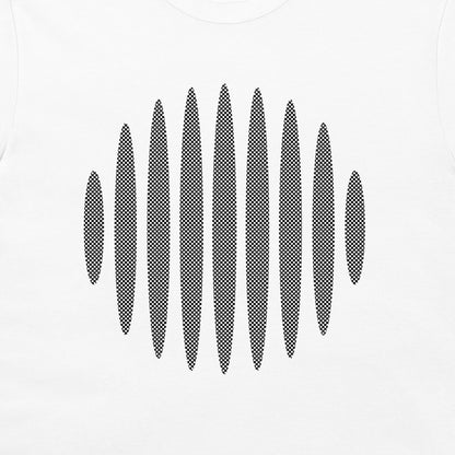 A white crewneck t-shirt featuring a black halftone pattern graphic of vertical wavy bars of varying widths across the chest.