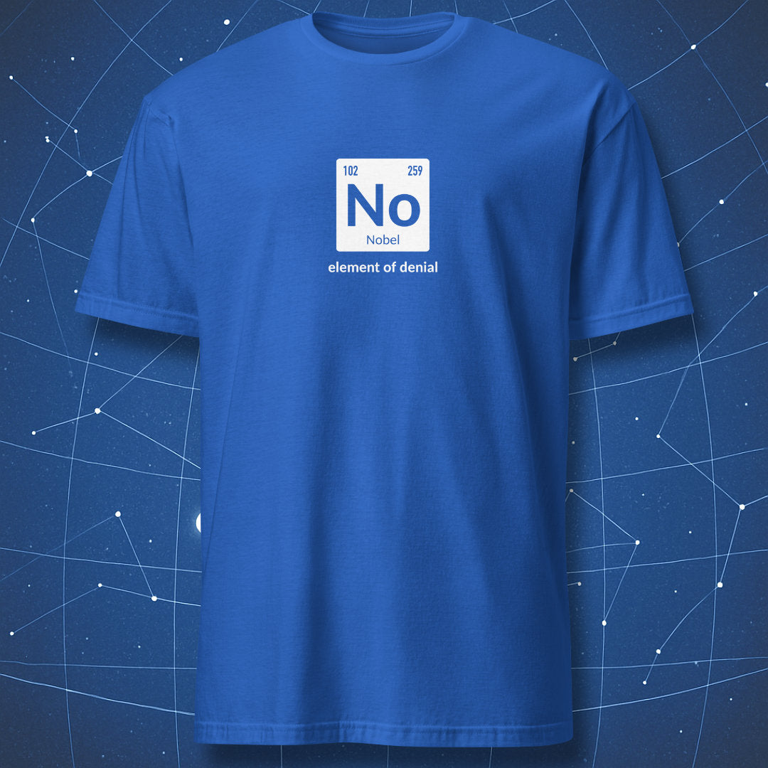 funny science pun T-shirt on royal blue fabric featuring No element symbol and witty phrase about denial