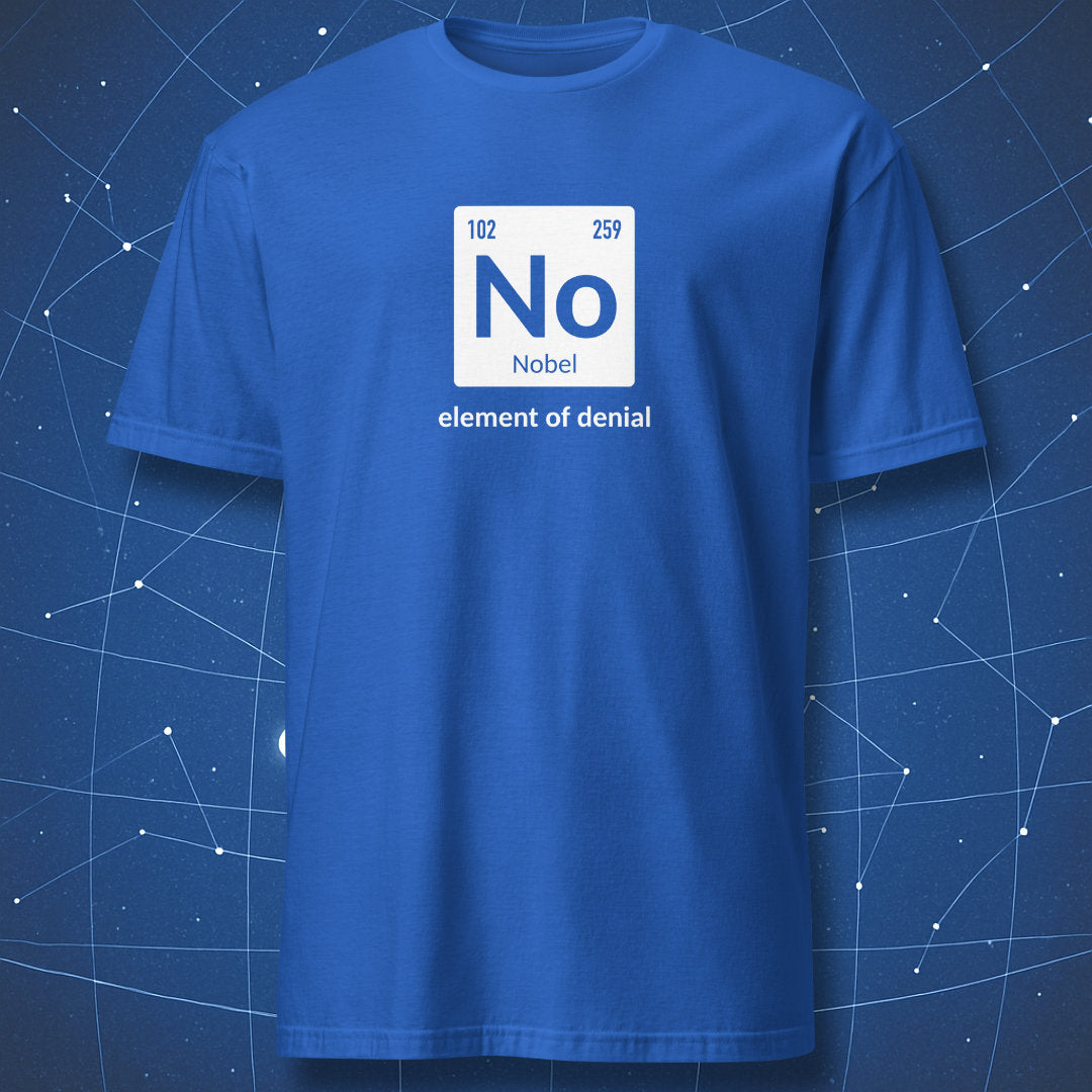funny science pun T-shirt on royal blue fabric featuring No element symbol and witty phrase about denial