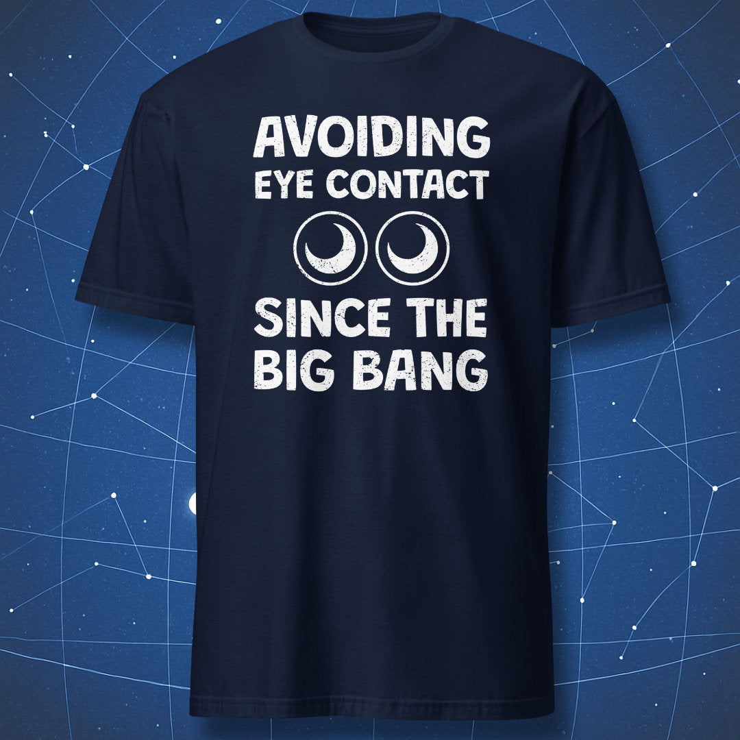science-themed T-shirt on navy blue fabric with text about avoiding eye contact and cute eye icons