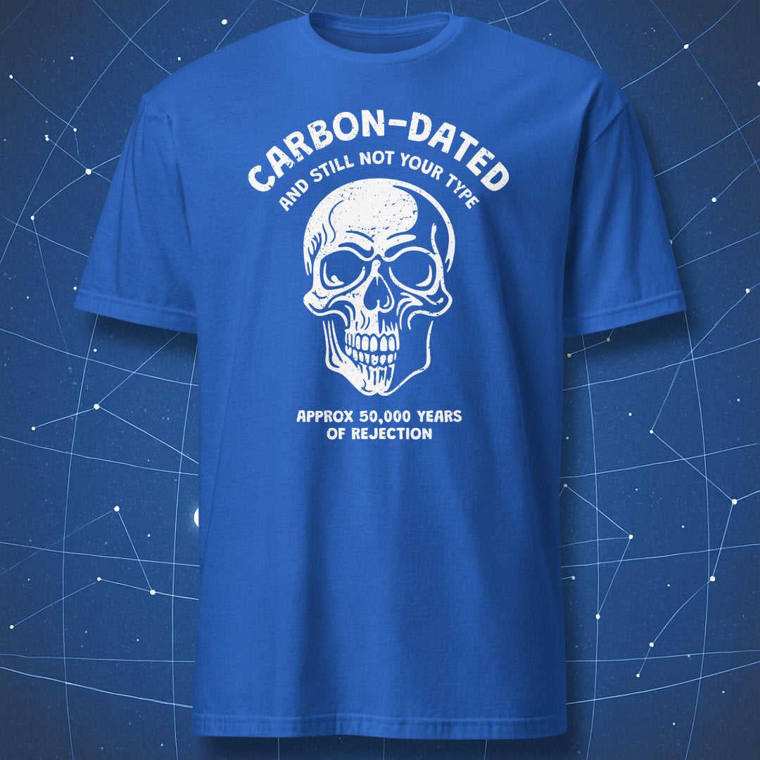 archaeology humor T-shirt on royal blue background with skull illustration and funny caption “Approx 50,000 years of rejection”