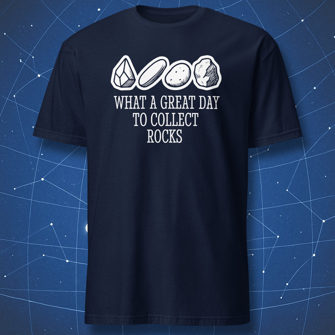 geologist T-shirt on navy blue fabric with white lettering and illustrations of crystals and rocks