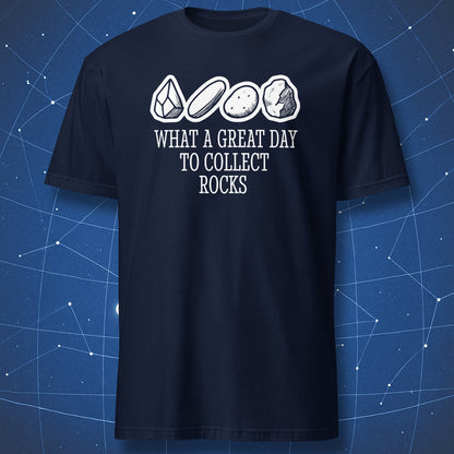 geologist T-shirt on navy blue fabric with white lettering and illustrations of crystals and rocks