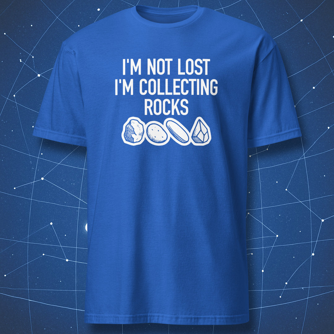 Royal blue geology T-shirt with rock illustrations and quote “I’m not lost I’m collecting rocks”