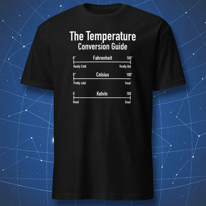 funny science T-shirt on black fabric with white chart labeled “The Temperature Conversion Guide” comparing Fahrenheit Celsius and Kelvin with humor labels