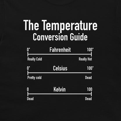A close-up of a black garment, likely a t-shirt, featuring a white printed graphic titled 'The Temperature Conversion Guide' with Fahrenheit, Celsius, and Kelvin scales.