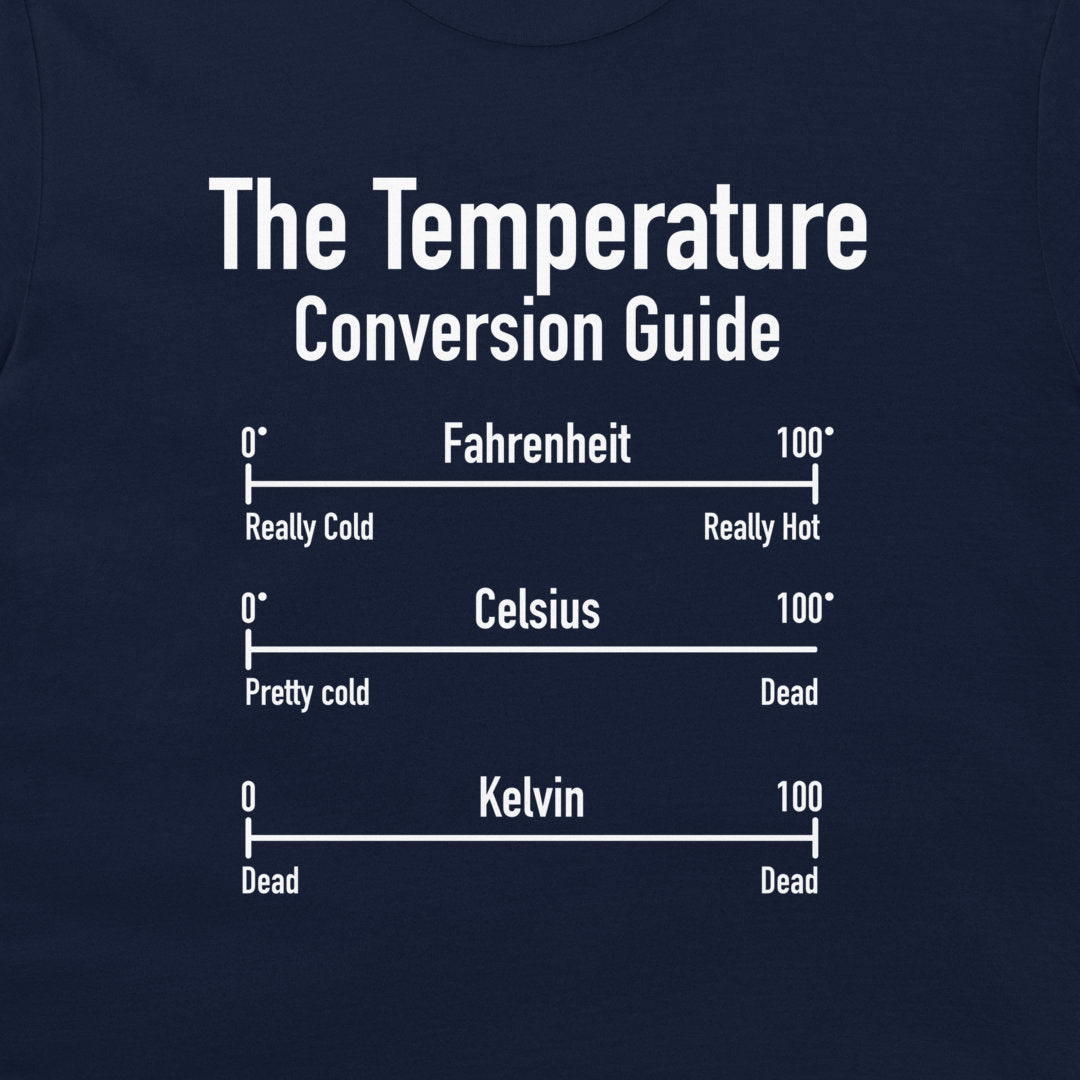 A close-up of a navy blue garment, likely a t-shirt, featuring a white printed graphic titled 'The Temperature Conversion Guide' with Fahrenheit, Celsius, and Kelvin scales.