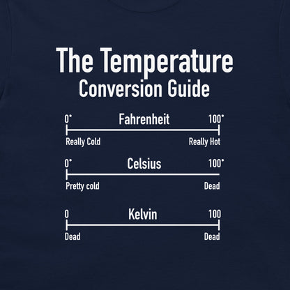A close-up of a navy blue garment, likely a t-shirt, featuring a white printed graphic titled 'The Temperature Conversion Guide' with Fahrenheit, Celsius, and Kelvin scales.