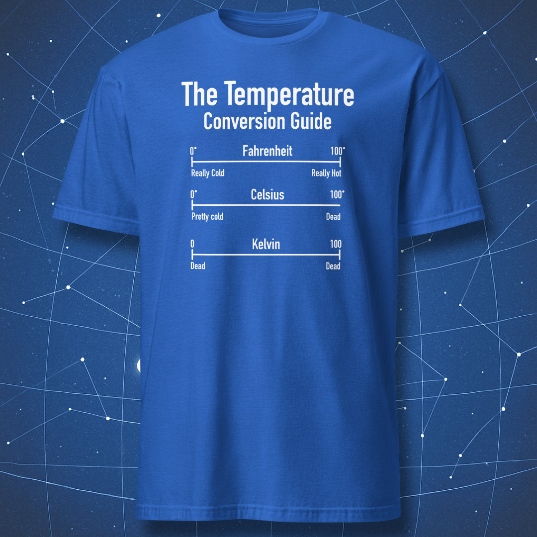 nerdy chemistry T-shirt on royal blue fabric with graphic “Temperature Conversion Guide” comparing Fahrenheit Celsius and Kelvin scales