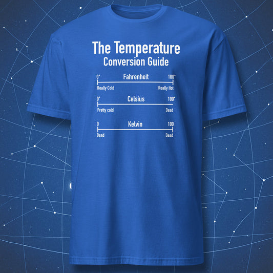 nerdy chemistry T-shirt on royal blue fabric with graphic “Temperature Conversion Guide” comparing Fahrenheit Celsius and Kelvin scales