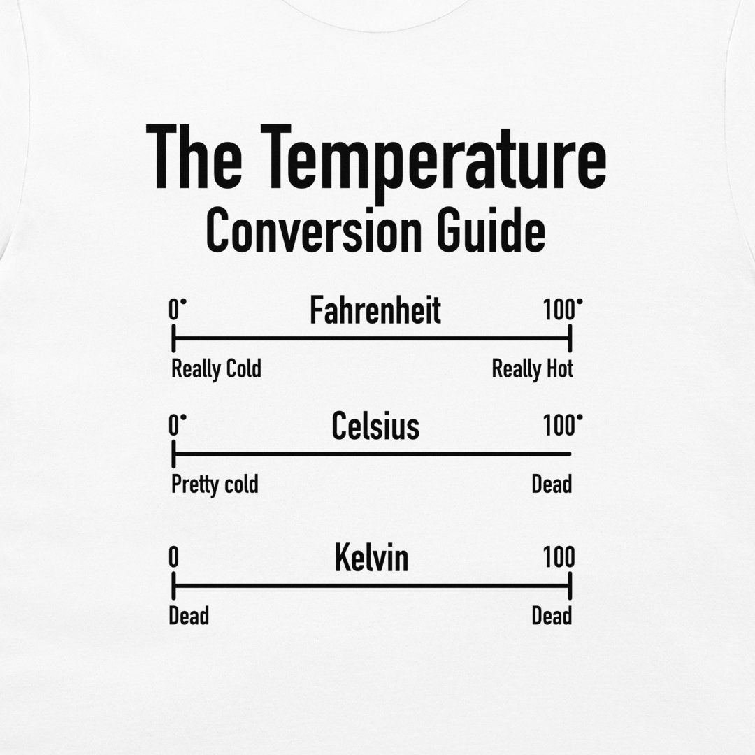 A white t-shirt featuring a black printed graphic titled 'The Temperature Conversion Guide' with Fahrenheit, Celsius, and Kelvin scales.