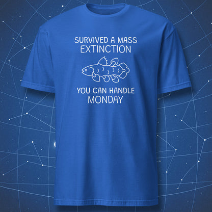 nerdy biology T-shirt on royal blue fabric showing a coelacanth fossil-style fish drawing and phrase “Survived a Mass Extinction You Can Handle Monday”