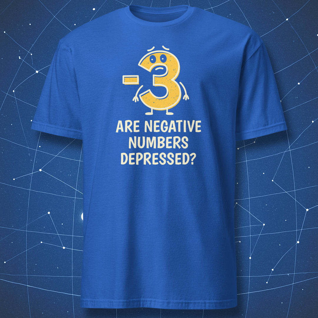 Royal blue T-shirt featuring distressed text and a cartoon -3 asking “Are negative numbers depressed?”