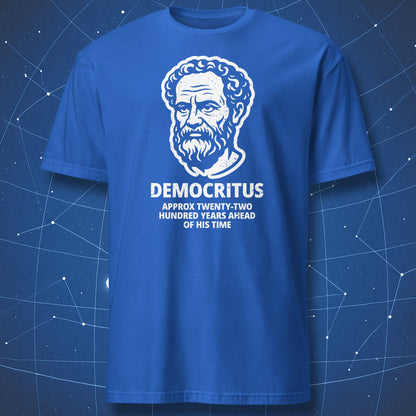 Royal blue T-shirt with white ancient philosopher portrait and text “Democritus – Ahead of his time.”