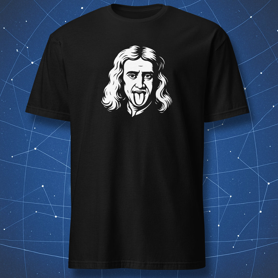 Black T-shirt with white line art of a scientist with long hair sticking his tongue out, parodying the famous Einstein pose.