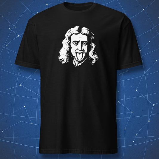 Black T-shirt with white line art of a scientist with long hair sticking his tongue out, parodying the famous Einstein pose.
