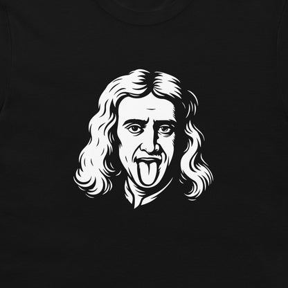 A close-up of a navy blue t-shirt featuring a white graphic print of a face with long wavy hair and a tongue sticking out.