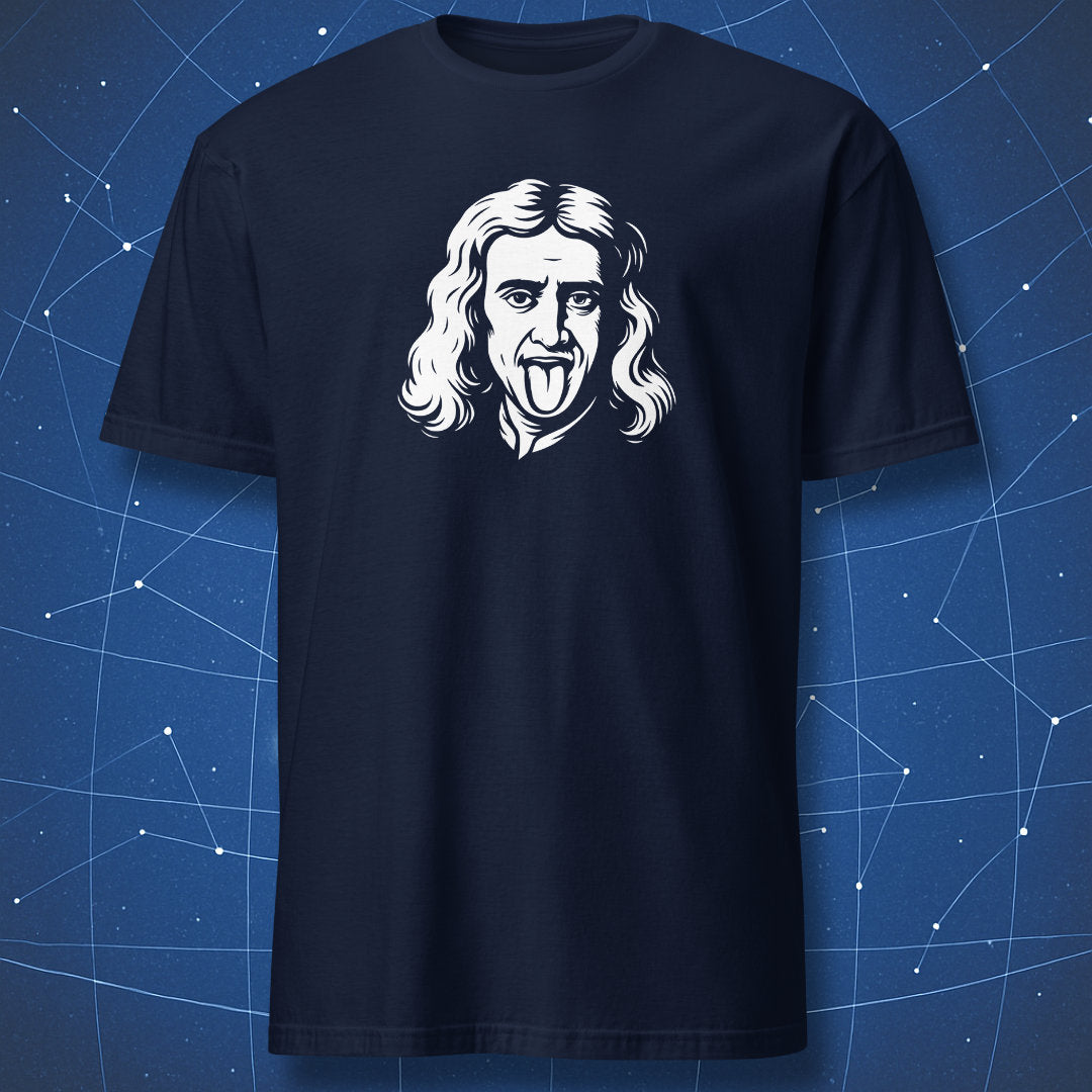 Navy T-shirt featuring humorous scientist portrait with tongue out in white line art.