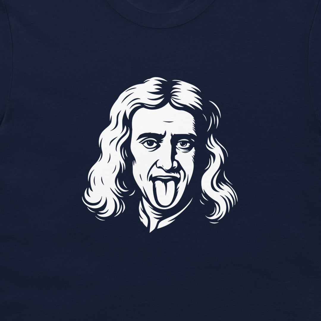 A close-up of a navy blue t-shirt featuring a white graphic print of a face with long wavy hair and a tongue sticking out.