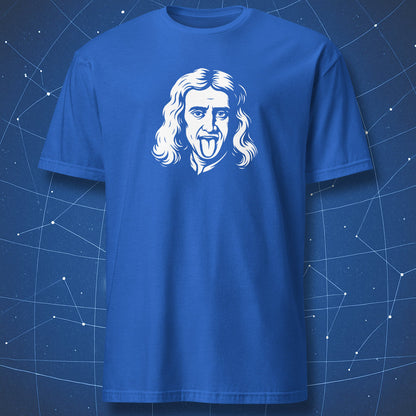 Royal blue T-shirt with playful science parody portrait of Newton-like figure with tongue out.