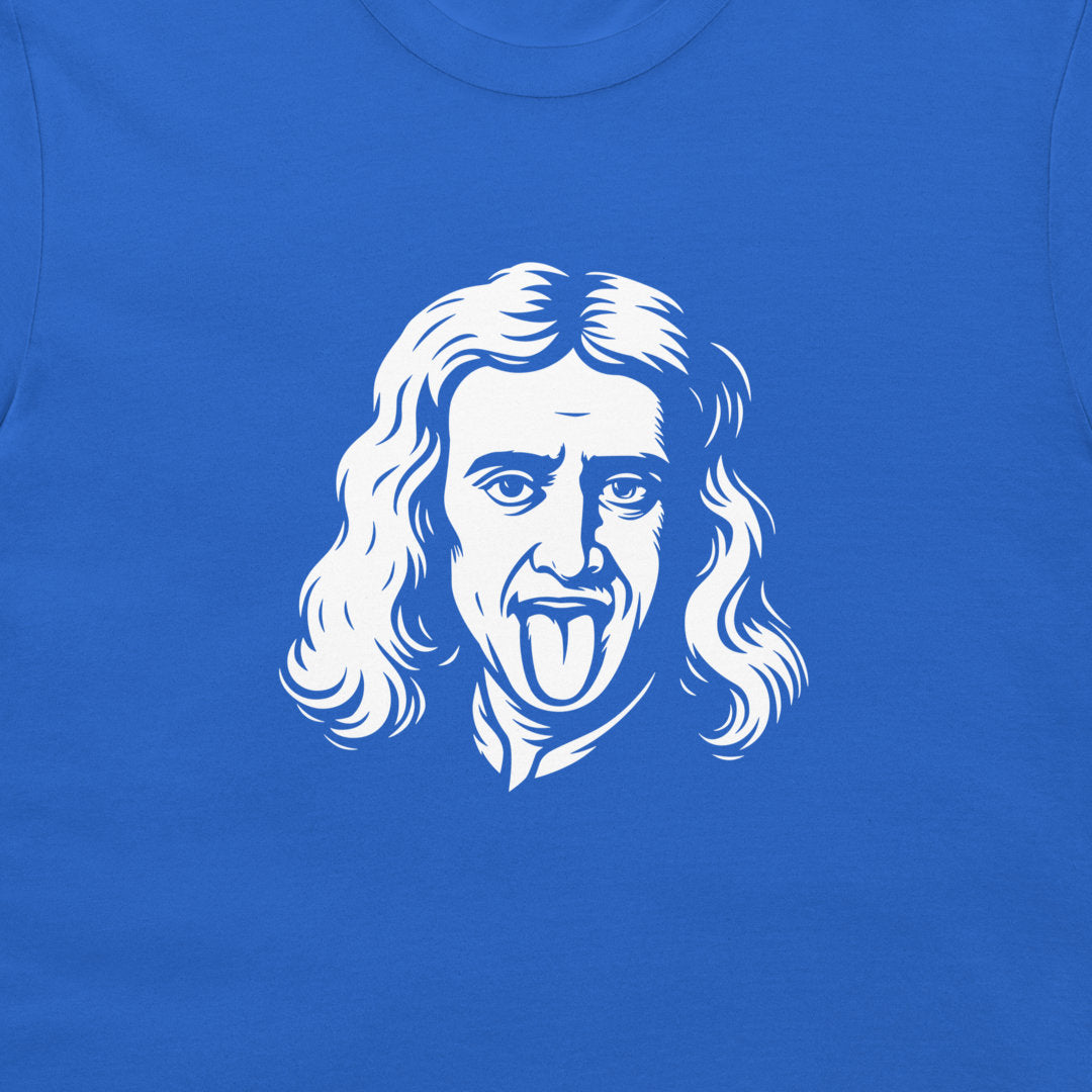A close-up of a royal blue t-shirt featuring a white graphic print of a man with long wavy hair sticking out his tongue.