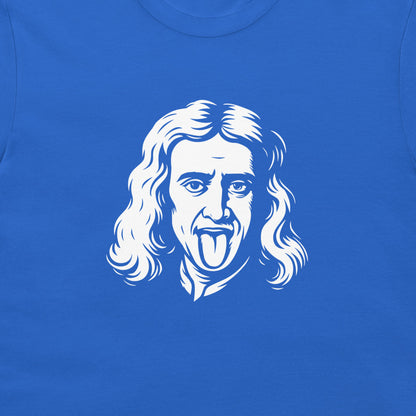 A close-up of a royal blue t-shirt featuring a white graphic print of a man with long wavy hair sticking out his tongue.