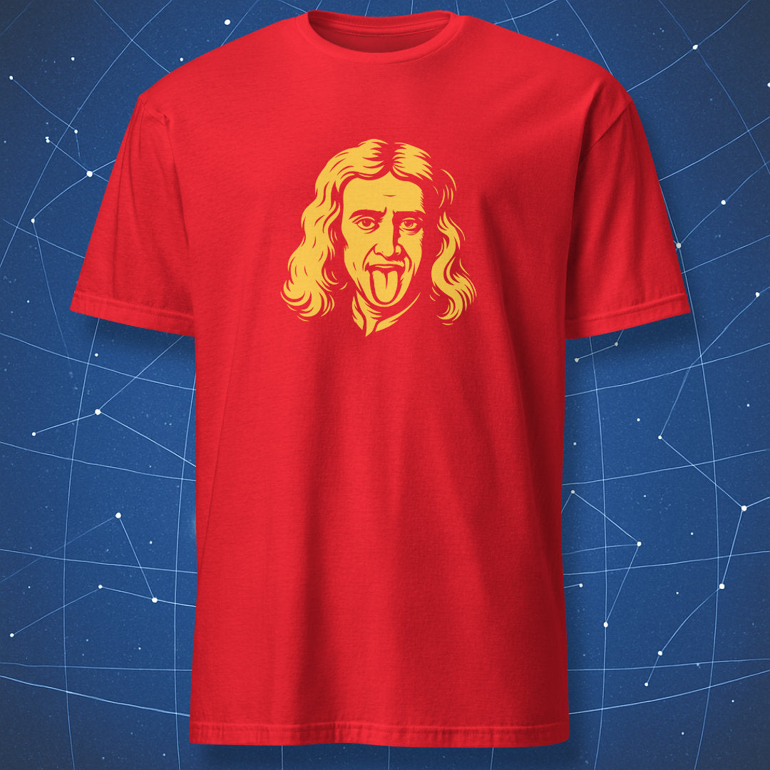 Funny science parody shirt featuring Newton sticking his tongue out like Einstein. Perfect nerd humor for physicists, teachers, and science lovers.
