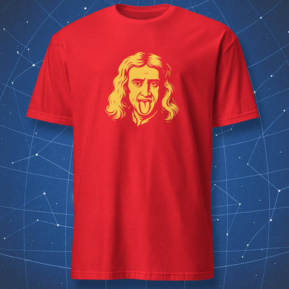 Funny science parody shirt featuring Newton sticking his tongue out like Einstein. Perfect nerd humor for physicists, teachers, and science lovers.