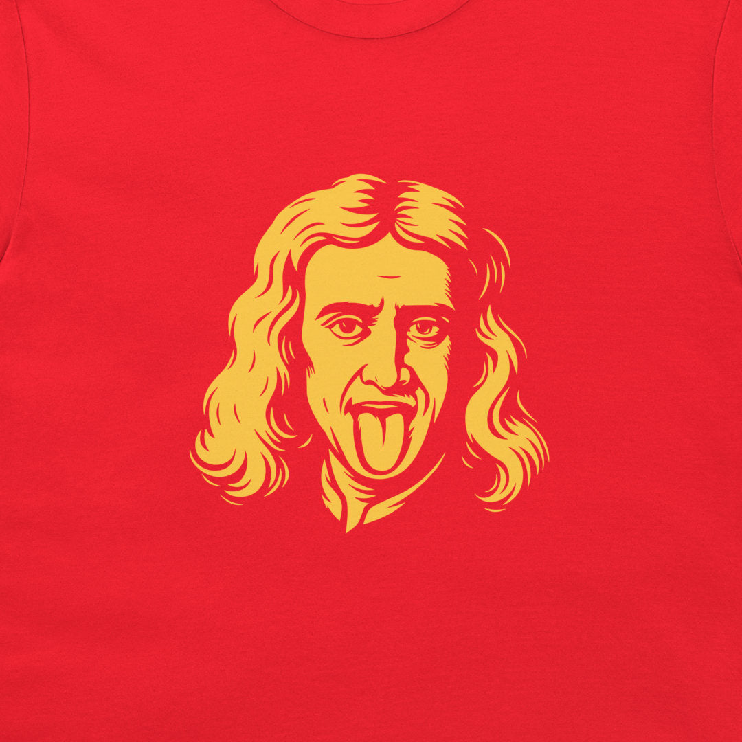 A close-up of a bright red t-shirt featuring a stylized yellow graphic of a face with long wavy hair and a tongue sticking out, centered on the chest.