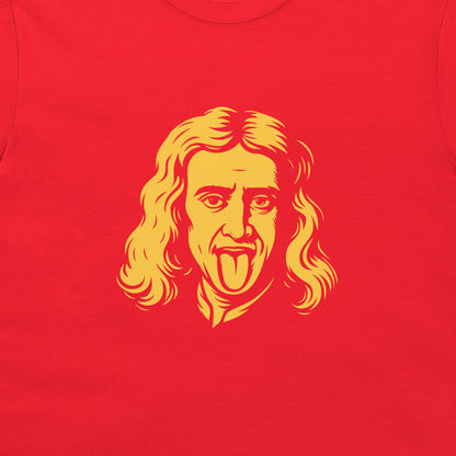 A close-up of a bright red t-shirt featuring a stylized yellow graphic of a face with long wavy hair and a tongue sticking out, centered on the chest.