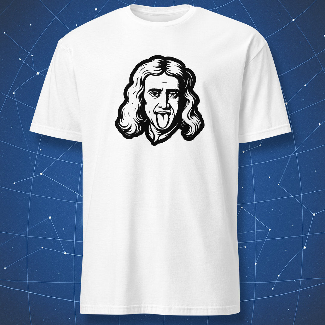White T-shirt with black drawing of long-haired scientist sticking tongue out in parody style.