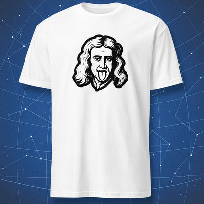 White T-shirt with black drawing of long-haired scientist sticking tongue out in parody style.
