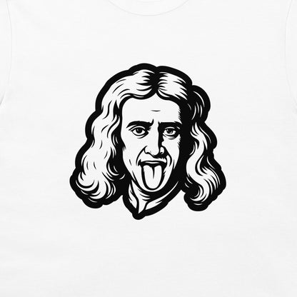 A white short-sleeve crewneck t-shirt featuring a bold black graphic print of a cartoon face with long wavy hair and a tongue sticking out.