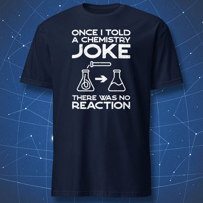 Navy T-shirt featuring white distressed chemistry pun text with illustrated beakers and test tube.