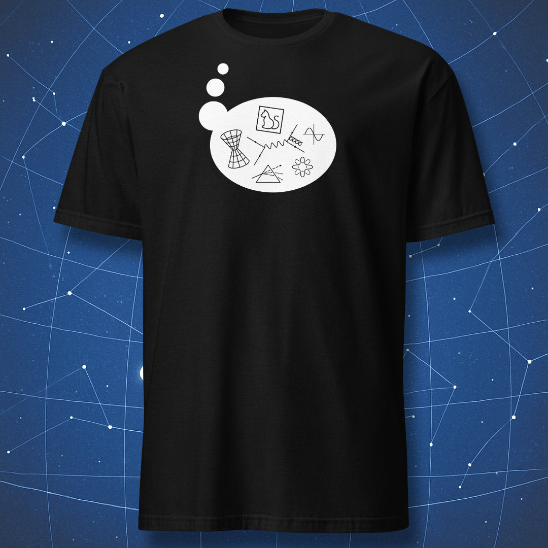 Black T-shirt with white minimalist line drawing of a thought bubble filled with physics sketches and formulas.
