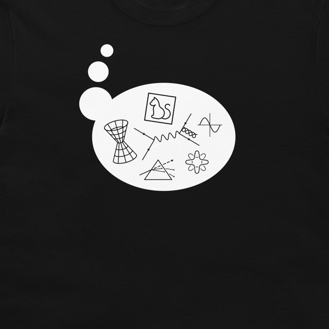 A close-up of a navy blue garment, likely a t-shirt, featuring a white graphic print on the chest. The graphic consists of a large white speech-bubble-like shape with abstract black line drawings, including a bow tie, a prism, a flower, and wavy lines, with three small white circles above it.