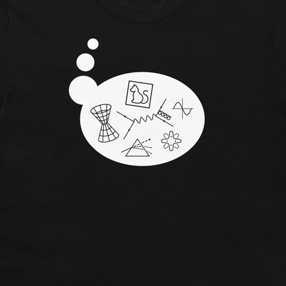 A close-up of a navy blue garment, likely a t-shirt, featuring a white graphic print on the chest. The graphic consists of a large white speech-bubble-like shape with abstract black line drawings, including a bow tie, a prism, a flower, and wavy lines, with three small white circles above it.